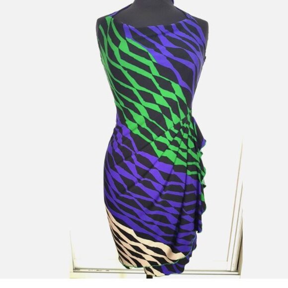 BCBG MAXAZRIA Ruched Halter Dress Size Large Zebra Print Blue Green Cocktail - Picture 6 of 6